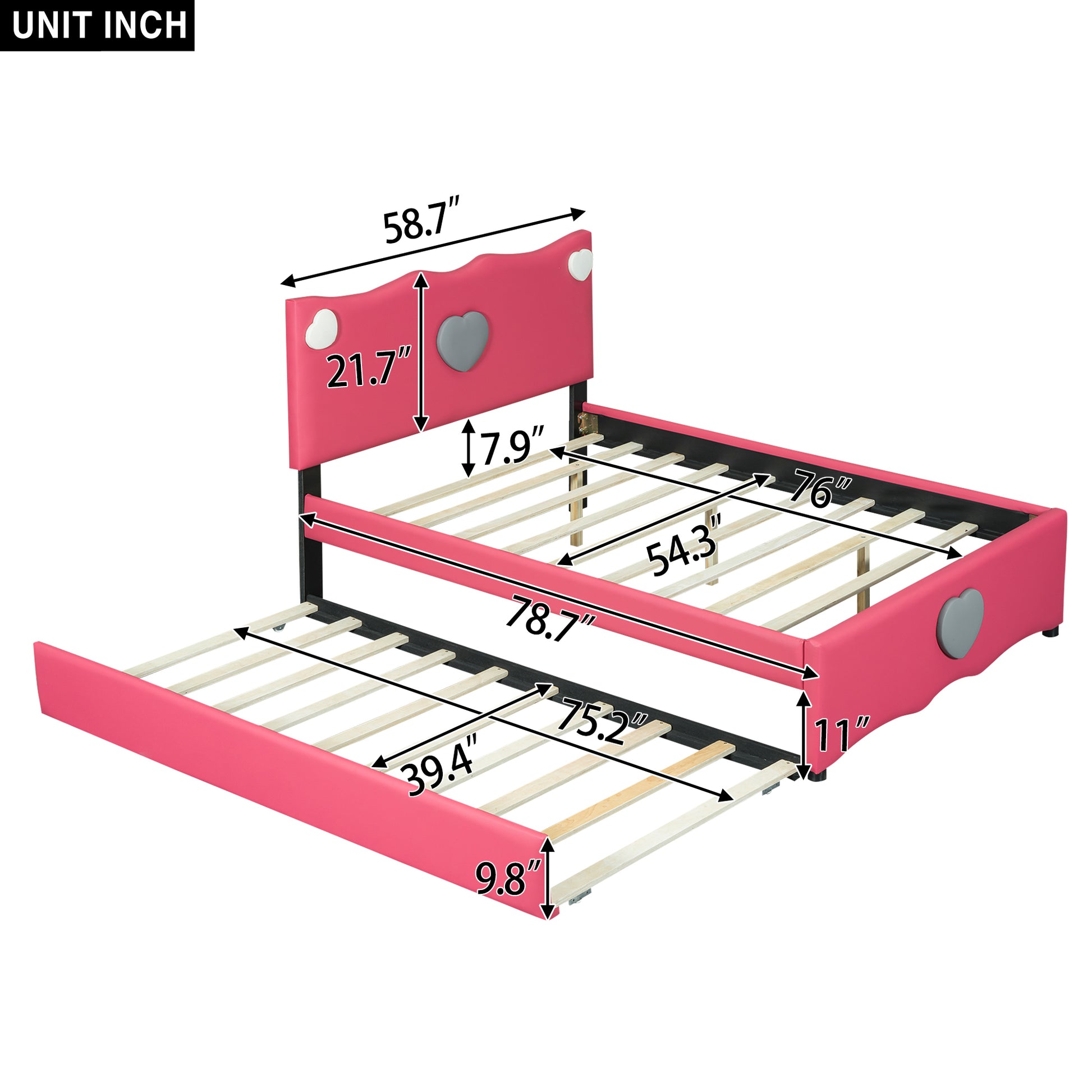 Full Size Upholstered Platform Bed With Trundle And Heart Shaped Decoration, Dark Pink Box Spring Not Required Full Dark Pink Wood Bedroom Bed Frame Faux Leather Upholstered