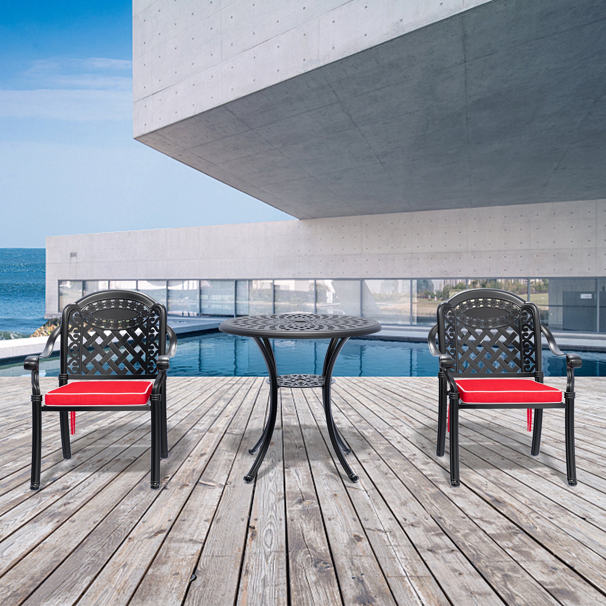 Cushions In Random Colors 3 Piece Set Of Cast Aluminum Patio Furniture With Cushions Yes Dining Set Black Seats 2 Rust Resistant Frame Water Resistant Cushion Garden & Outdoor Complete Patio Sets Aluminium