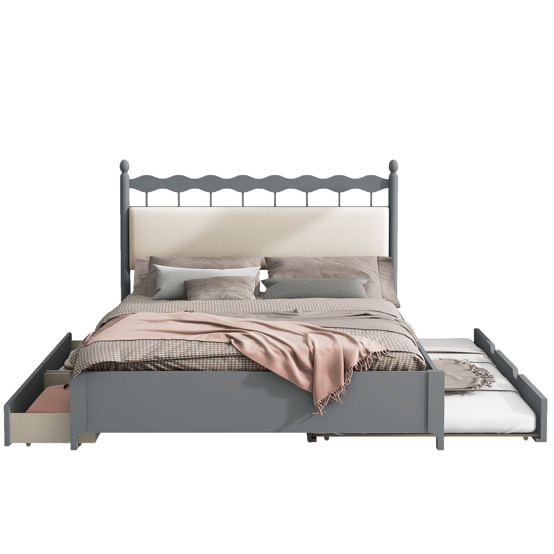 Queen Size Wooden Storage Platform Bed, With 2 Big Drawers, T Size Trundle, Gray Queen Gray Plywood