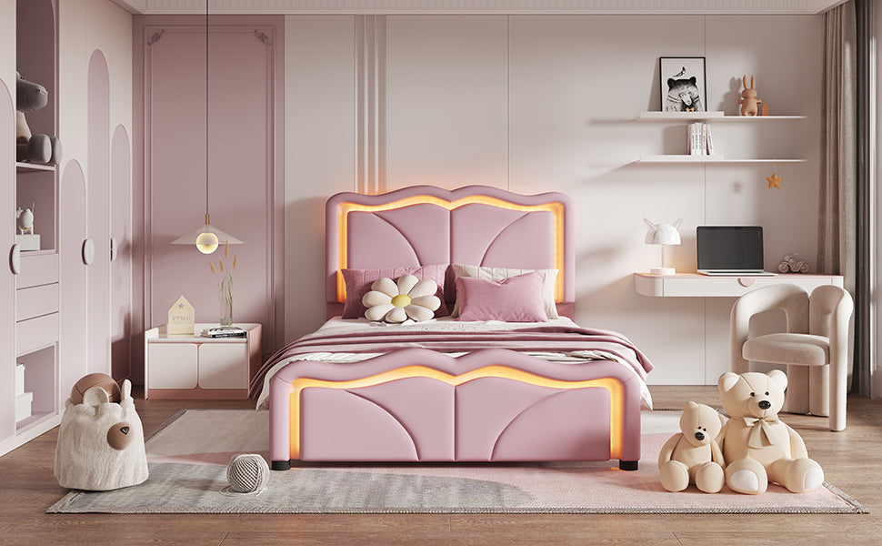 Twin Size Upholstered Platform Bed With Curve Shaped And Height Adjustbale Headboard,Led Light Strips,Pink Twin Pink Upholstered