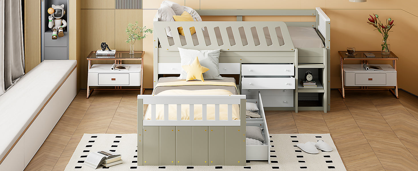 L Shaped Space Saving Twin Loft And Twin Platform Bed With 7 Drawers And Full Guardrails White Light Brown Twin Brown White Solid Wood