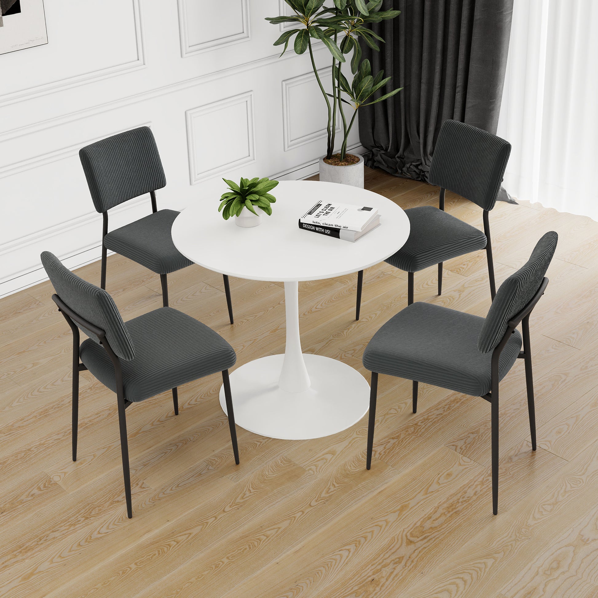 Modern Grey Simple Velvet Dining Chair Fabric Upholstered Chair Family Bedroom Stool Back Dressing, White Round Table Set, Chair Black Metal Legs Set Of 5 White Mdf