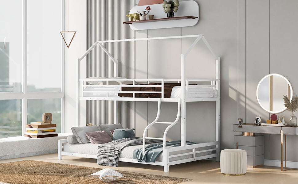 Metal House Bunk Bed, Twin Over Full, White Full White Metal