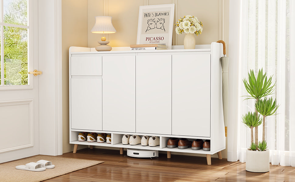 Sleek And Contemporary Shoe Cabinet With Adjustable Shelves, Minimalist Home Organizer With Solid Wood Legs, Storage Sideboard For Entryway, Living Room, White White Primary Living Space Particle Board