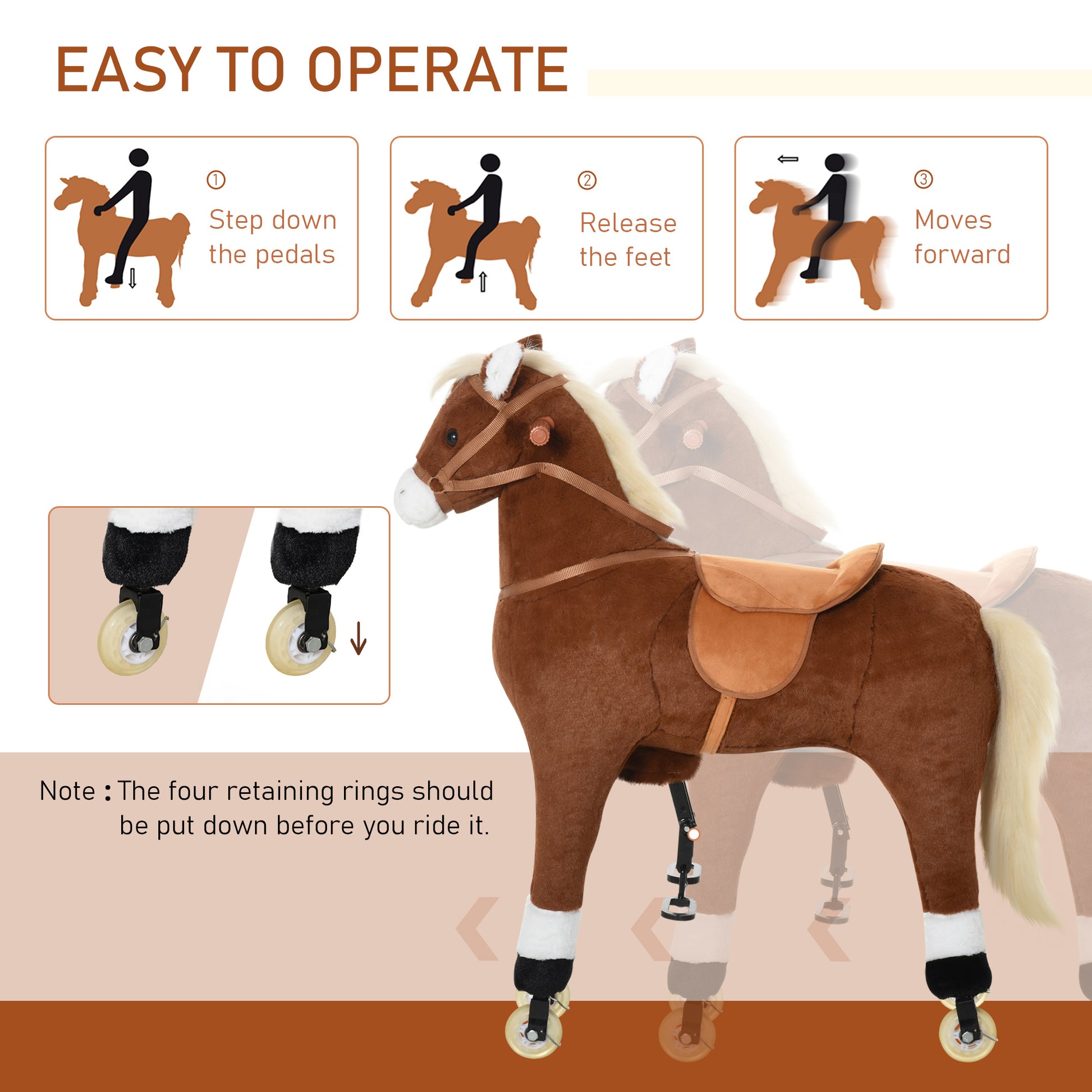 Qaba Kids Ride On Walking Horse With Easy Rolling Wheels, Soft Huggable Body, & A Large Size For Kids 5 16 Years Brown Plush