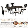 Traditional 6 Piece 78Inch Trestle Extendable Dining Table Set With One 18Inch Removable Leaf, Padded Dining Chairs And Bench,Distressed White Brown Wood Dining Room Solid Wood Rubberwood Rectangular Dining Table With Chair And Bench Upholstered Chair