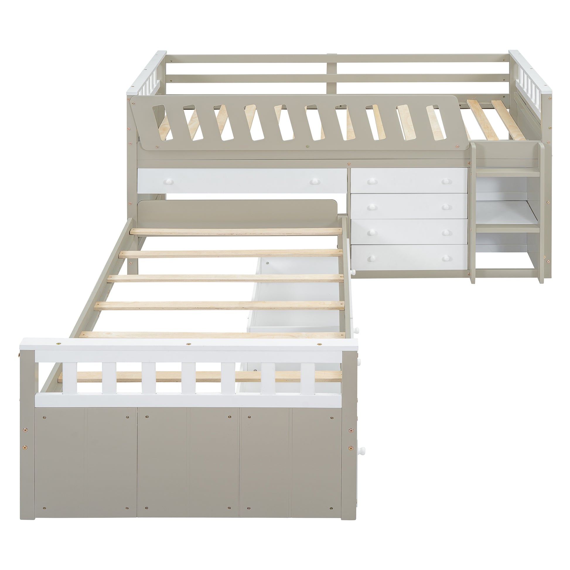 L Shaped Space Saving Twin Loft And Twin Platform Bed With 7 Drawers And Full Guardrails White Light Brown Twin Brown White Solid Wood