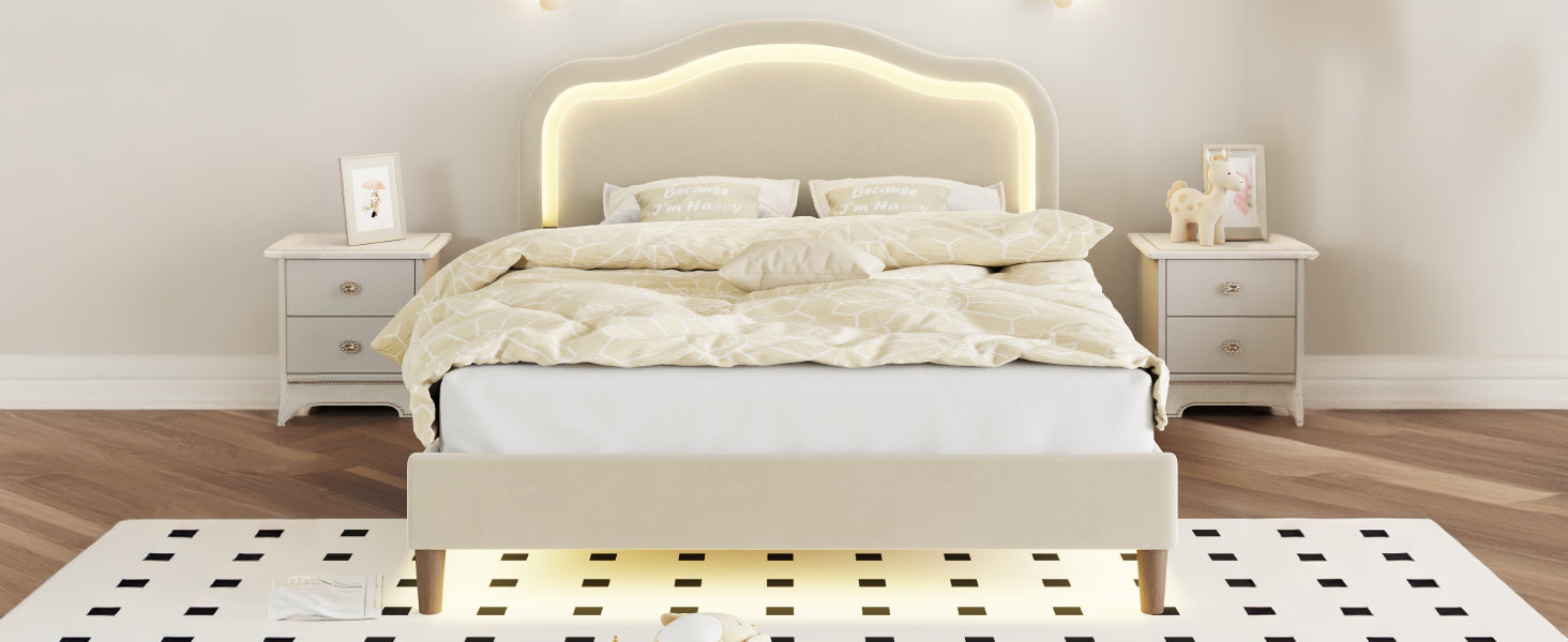 Queen Size Velvet Upholstered Smart Led Bed Frame With Adjustable Height Headboard,No Box Spring Needed,Easy Assembly,Beige Box Spring Not Required Queen Beige Wood Bedroom Cute,Modern Bed Frame Wood