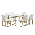 Modern Dining Table Set For 6 Faux Marble Kitchen Table Set With 6 Upholstered Dining Chairs, 7 Piece, White Golden Metal Dining Room Fixed Table Rectangular Dining Table With Chair And Bench Metal