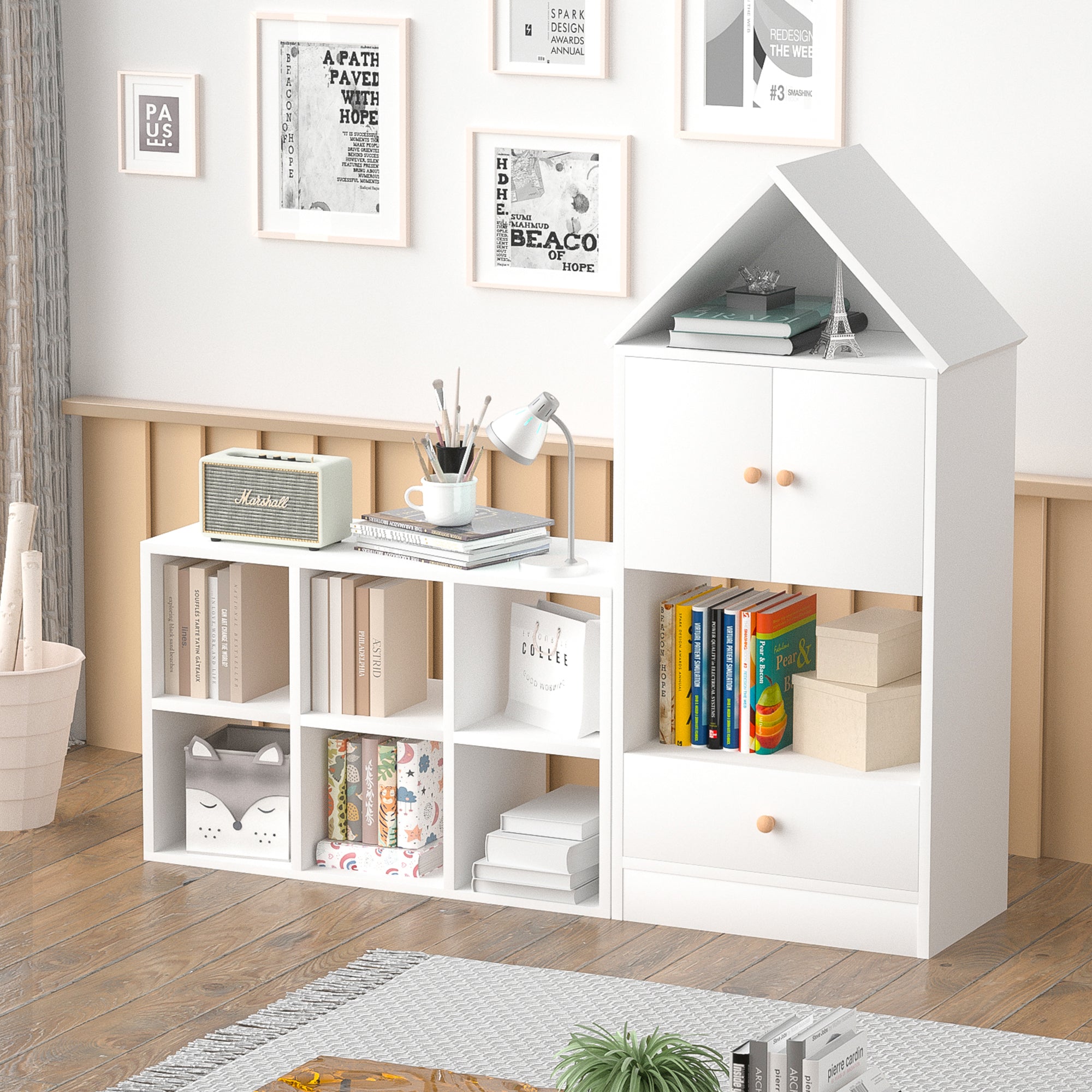 Versatile Children'S Bookshelf With House Shaped Design, Multi Functional Storage For Books And Toys, Adjustable Placement, Durable Kids Organizer For Playroom Or Bedroom Easy Assembly & Safe For