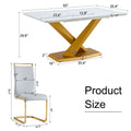 Table And Chair Set, The Table Is Equipped With A Marble Patterned Mdf Tabletop And Gold Table Legs.The Chair Is Equipped With Pu Synthetic Leather High Back Cushion And Gold Coated Metal Legs. Grey Gold Seats 4 Mdf Metal