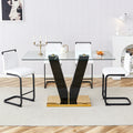 Table And Chair Set. A Rectangular Glass Dining Table With A 0.4 Inch Tempered Glass Tabletop And Mdf Board V Shaped Bracket, Paired With Chairs Consisting Of Pu Seat Cushions And Black Metal Legs. White Black Seats 4 Tempered Glass