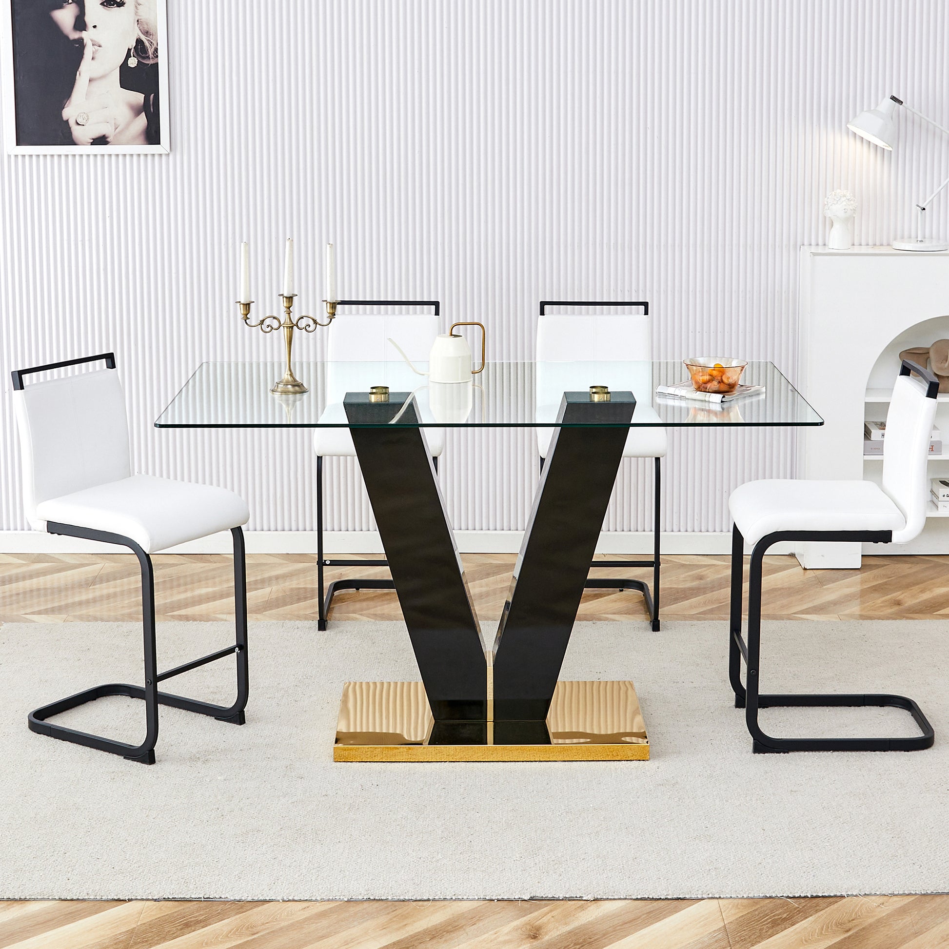 Table And Chair Set. A Rectangular Glass Dining Table With A 0.4 Inch Tempered Glass Tabletop And Mdf Board V Shaped Bracket, Paired With Chairs Consisting Of Pu Seat Cushions And Black Metal Legs. White Black Seats 4 Tempered Glass