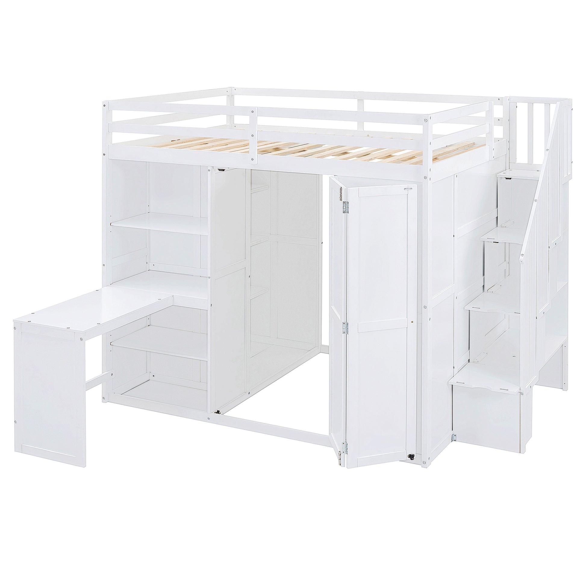 Full Size Loft Bed With Wardrobe,Desk And Shelves,White White Mdf Lvl