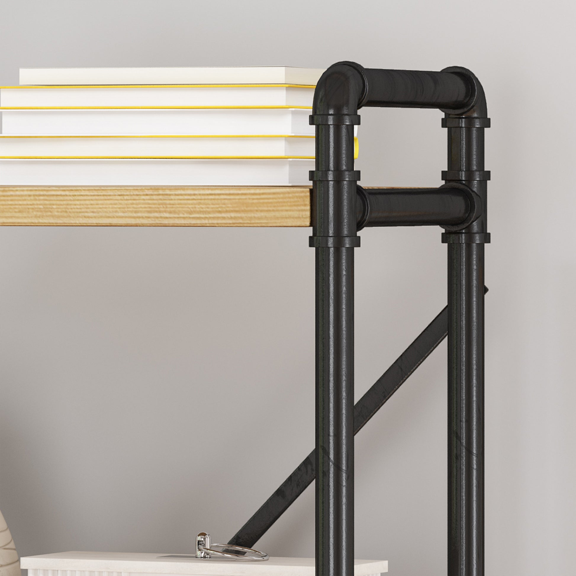 Metal Pipe Shelf With Fir Wood Black Metal & Wood