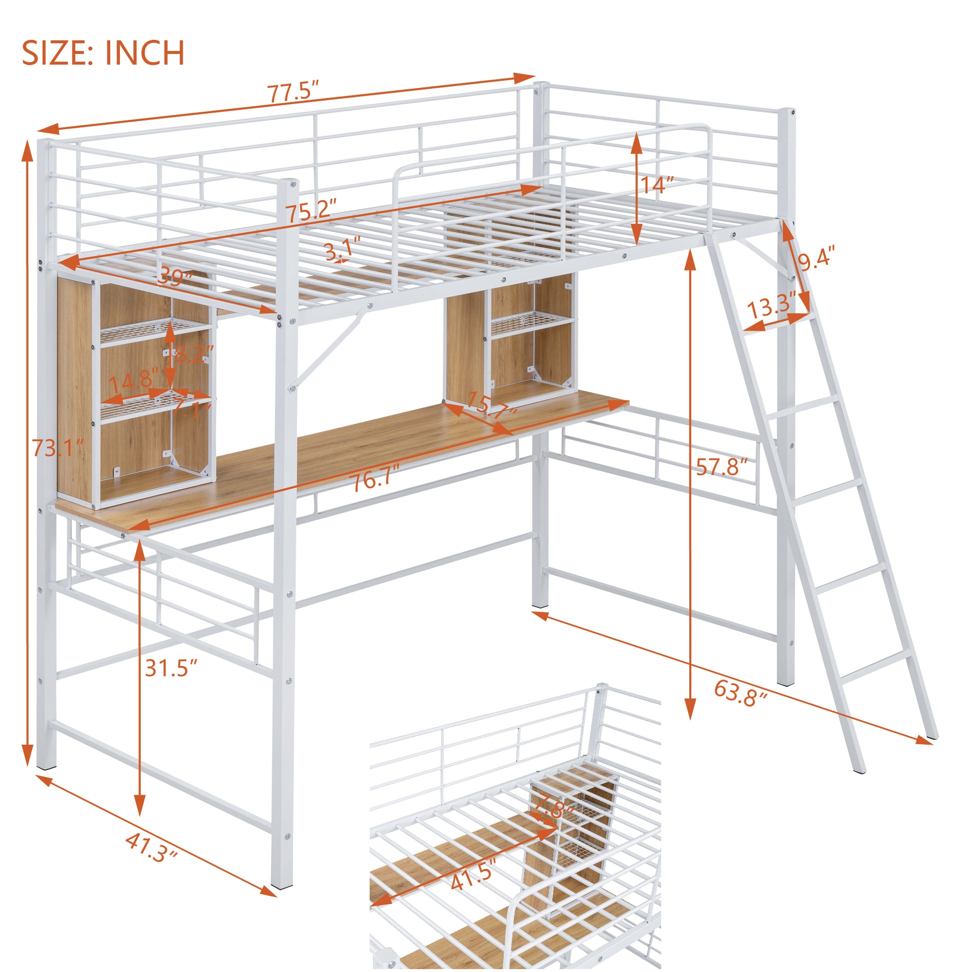 Twin Size Loft Bed With Desk And Shelfloft Bed With Ladder,Twin,White Twin White Metal