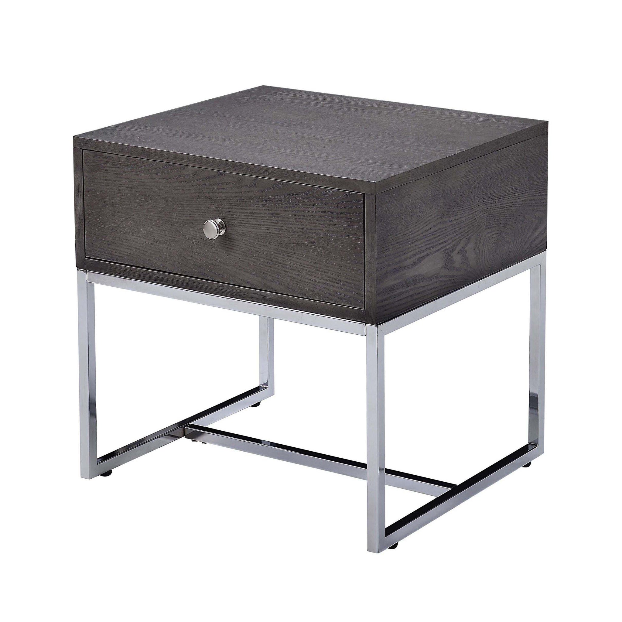 Grey Oak And Chrome Storage End Table Oak Silver Gray Primary Living Space Modern Oak Drawers Rectangular Wood Metal Sled
