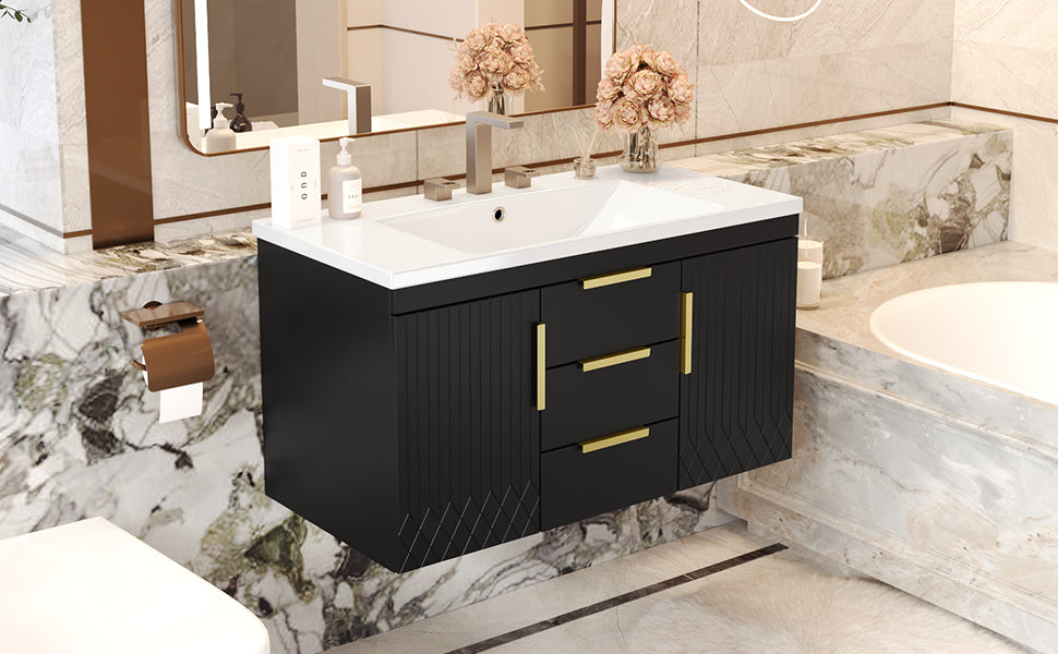 36'' Wall Mounted Bathroom Vanity With Resin Sink, Floating Bathroom Storage Cabinet With 2 Drawers, Solid Wood Bathroom Cabinet Black Bathroom Modern Mdf
