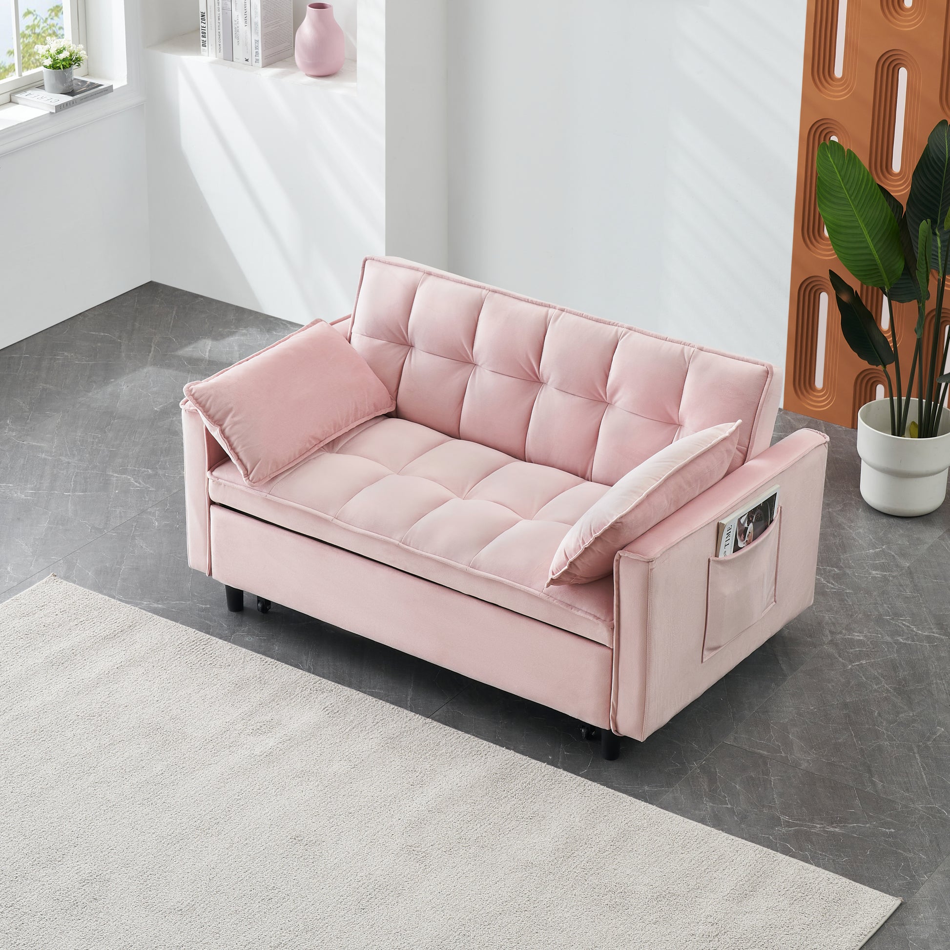 Modern Velvet Sofa, Sofa Pull Out Bed, Smallseat Casual Sofa With Back, With Pillow, Pockets, Living Room Furniture, 3 In 1 Convertible Sleep Sofa Bed. Pink Velvet 2 Seat