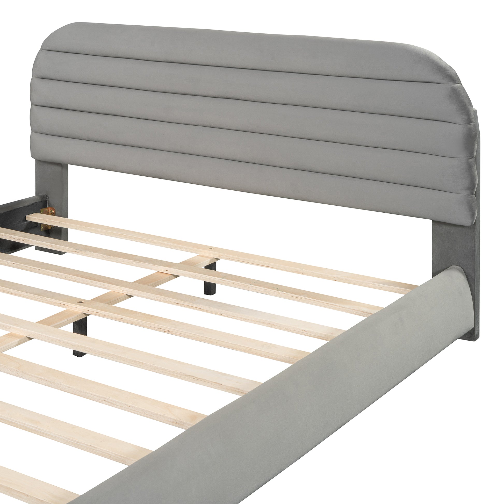 Queen Size Velvet Upholstered Platform Bed,Solid Frame And Stylish Curve Shaped Design, Gray Queen Gray Velvet