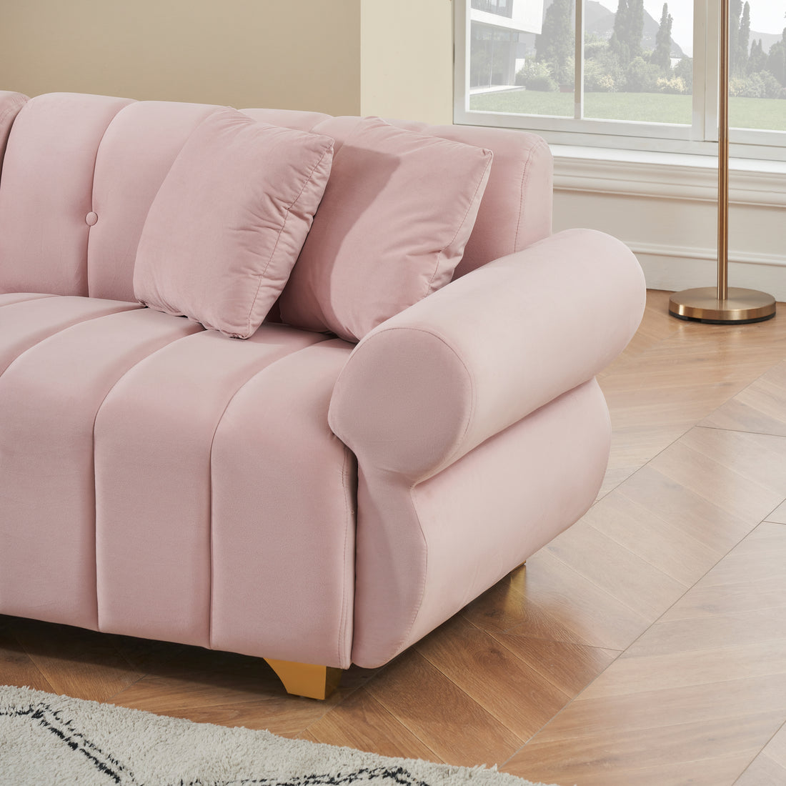 89 Inch Spring Wrapped Cushions, 3 Flannelette Sofas, Stylish Metal Feet And 4 Throw Pillows Make For A Modern Living Room Bedroom Pink Velvet 3 Seat