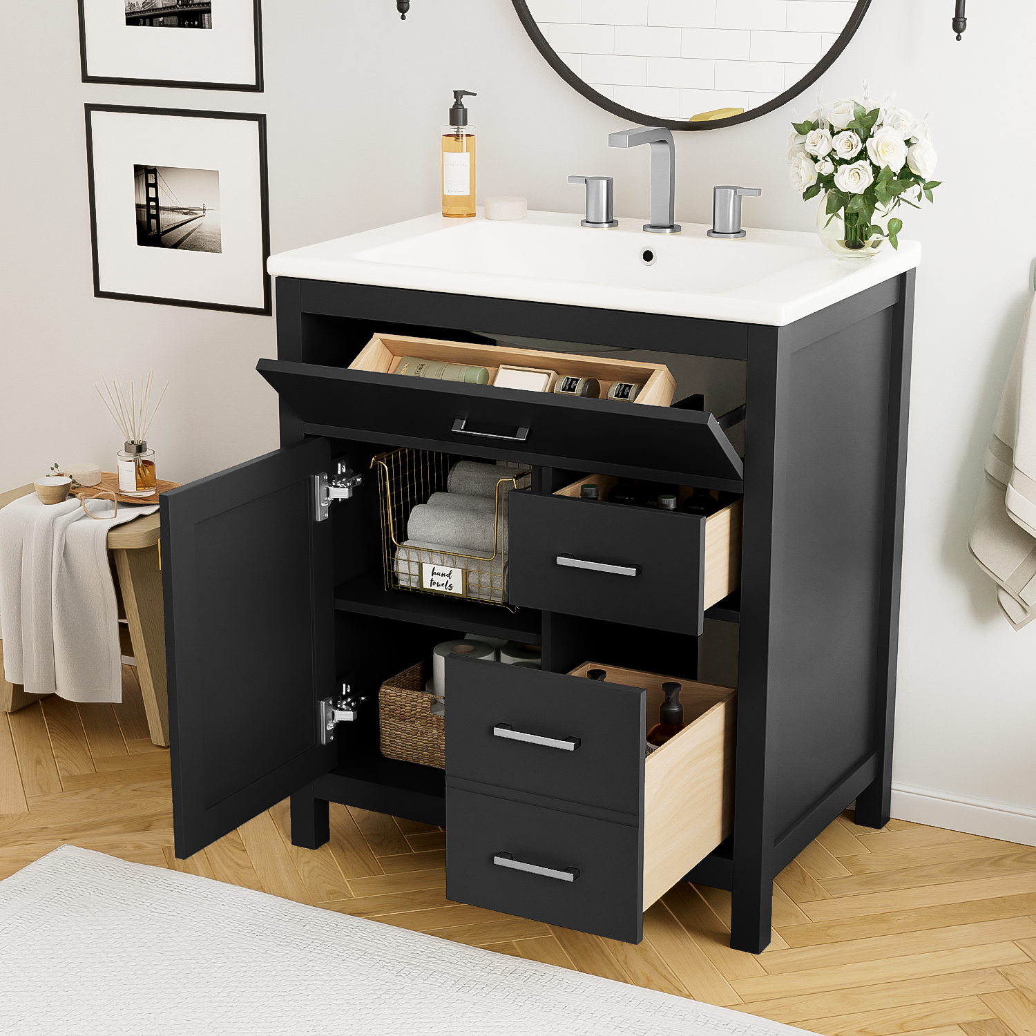 30 Inch Black Bathroom Vanity With Ceramic Sink And Large Storage Ideal Choice For Small Bathrooms Black Bathroom Solid Wood Mdf