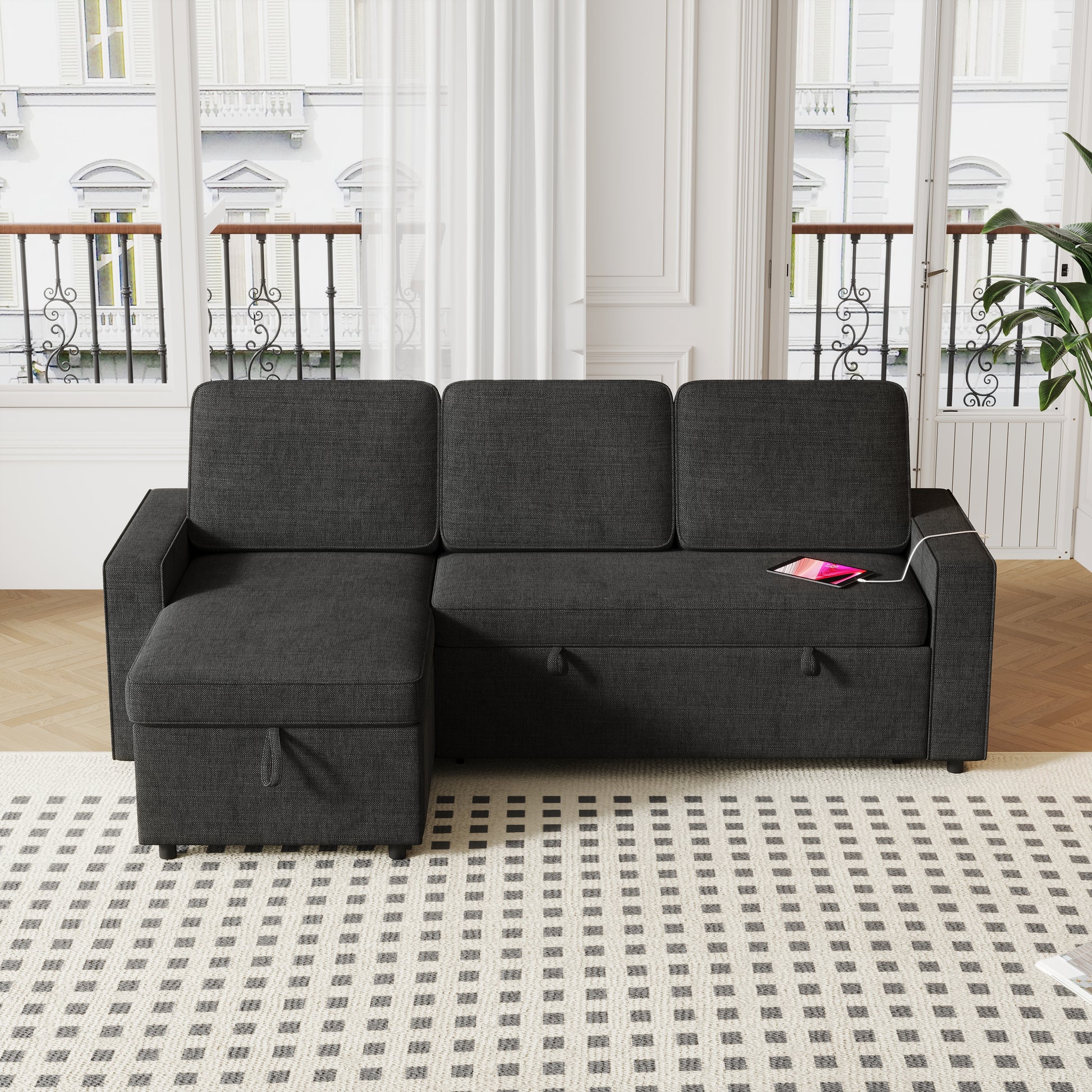 85.8" Pull Out Sleeper Sofa L Shaped Couch Convertible Sofa Bed With Storage Chaise And Storage Racks,With Usb Port And T Pyce Port Black Fabric 3 Seat