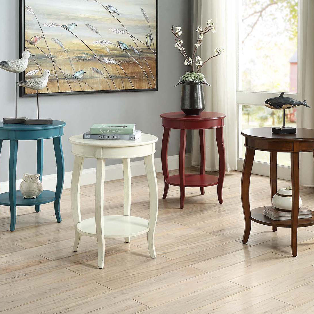 Walnut Round Side Table With Bottom Shelf Walnut Primary Living Space Shelves Round Wood