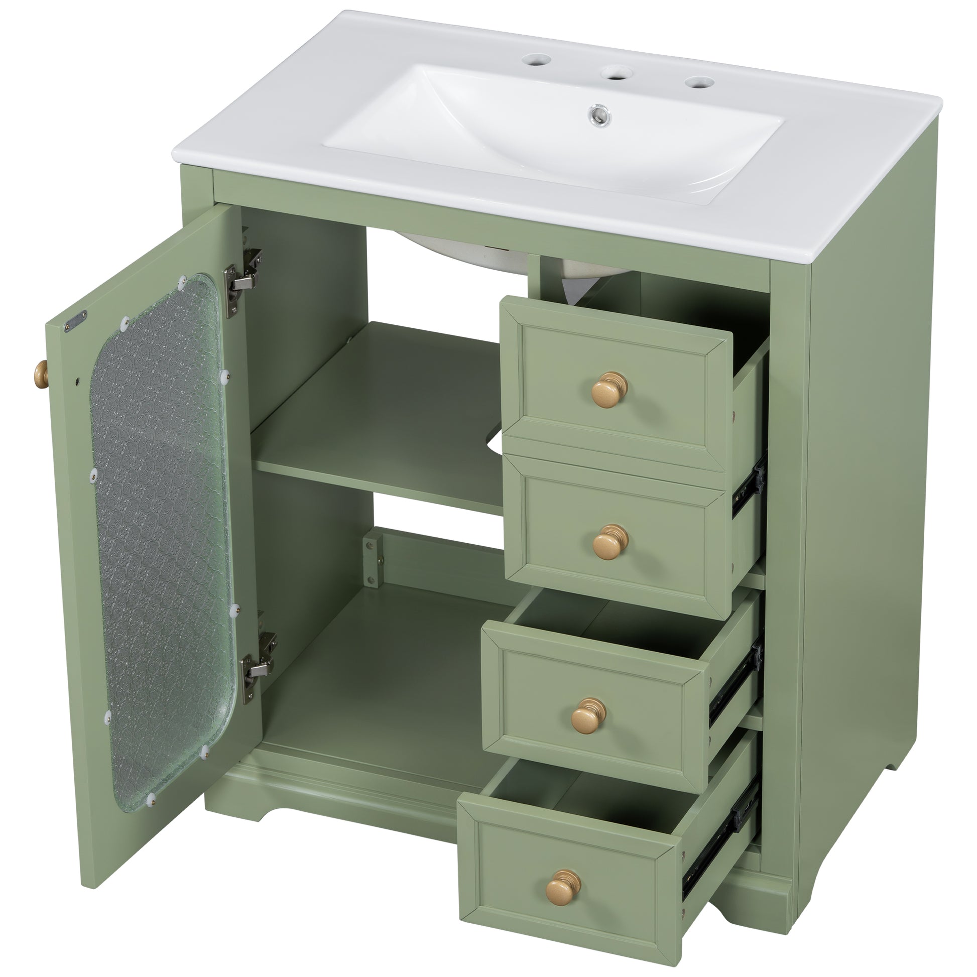 30 Inch Bathroom Vanity With A Soft Close Glass Door, Adjustable Shelves, And Three Drawers Green Bathroom Solid Wood Mdf Glass