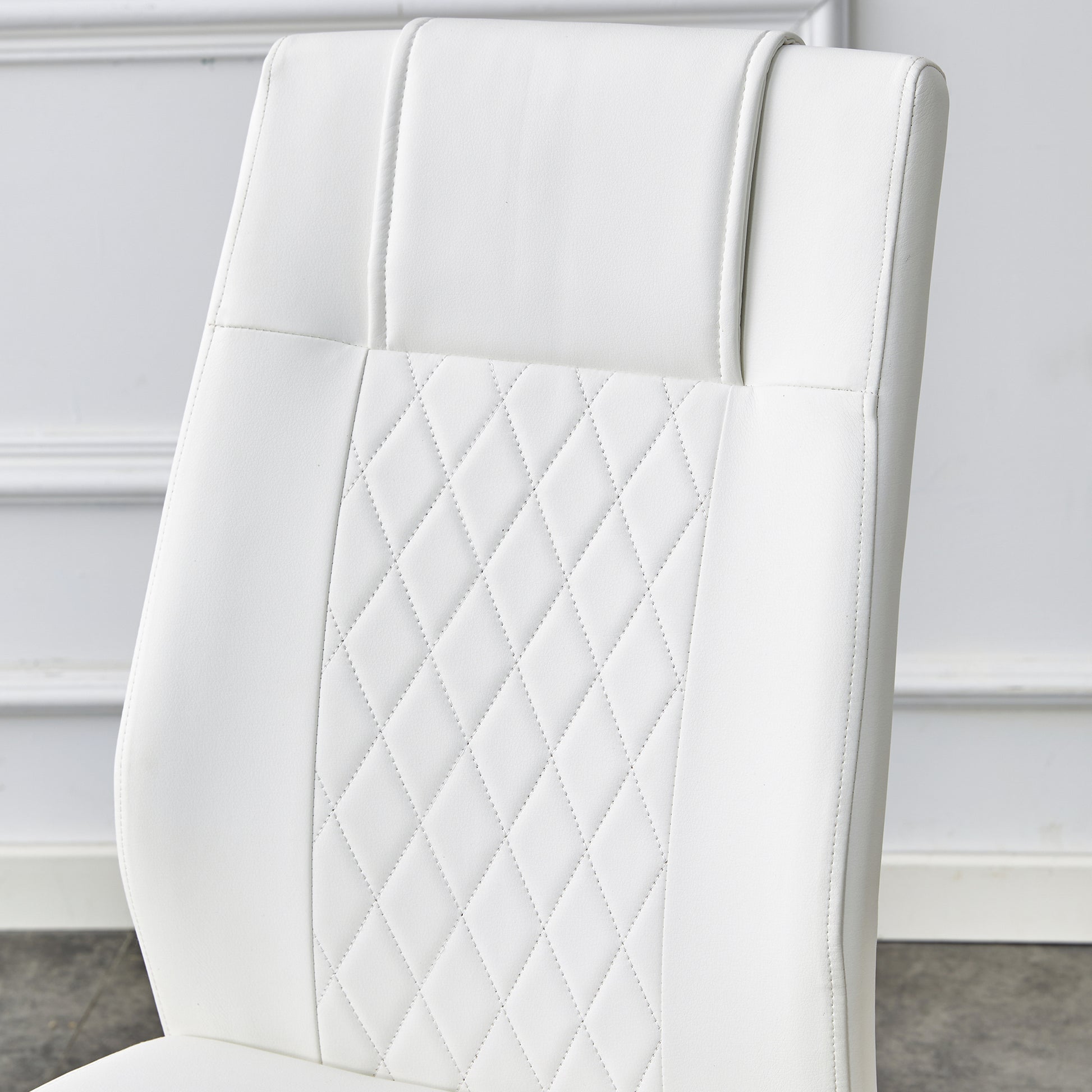 Table And Chair Set.Large Modern Rectangular Table With 0.4 Inch Patterned Glass Tabletop And Large Mdf Table Legs.Comes With 8 Chairs With Faux Leather Cushioned Seats And Golden Metal Legs. Gold White Seats 8 Mdf Glass