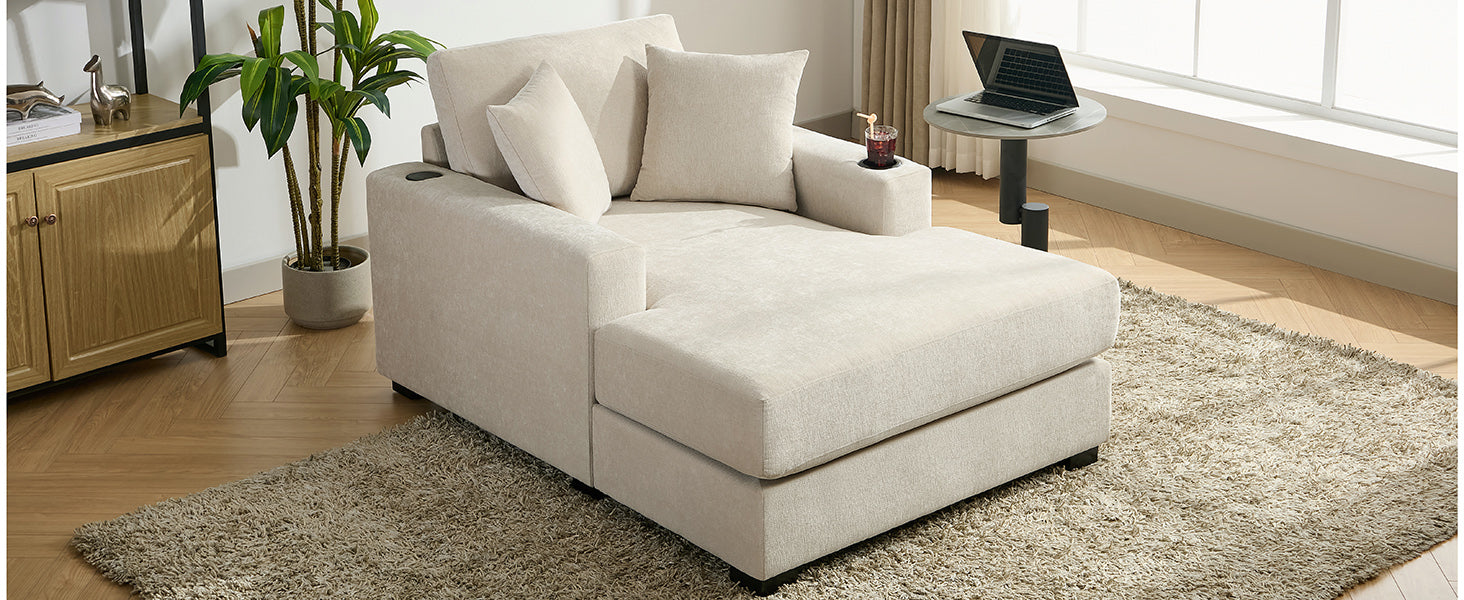 43.5" Oversized Chaise Lounger Modern Style Sofa Couch ,With Pillows, Charge Station & Cup Holders, Chenille Fabric, Cream Cream Chenille