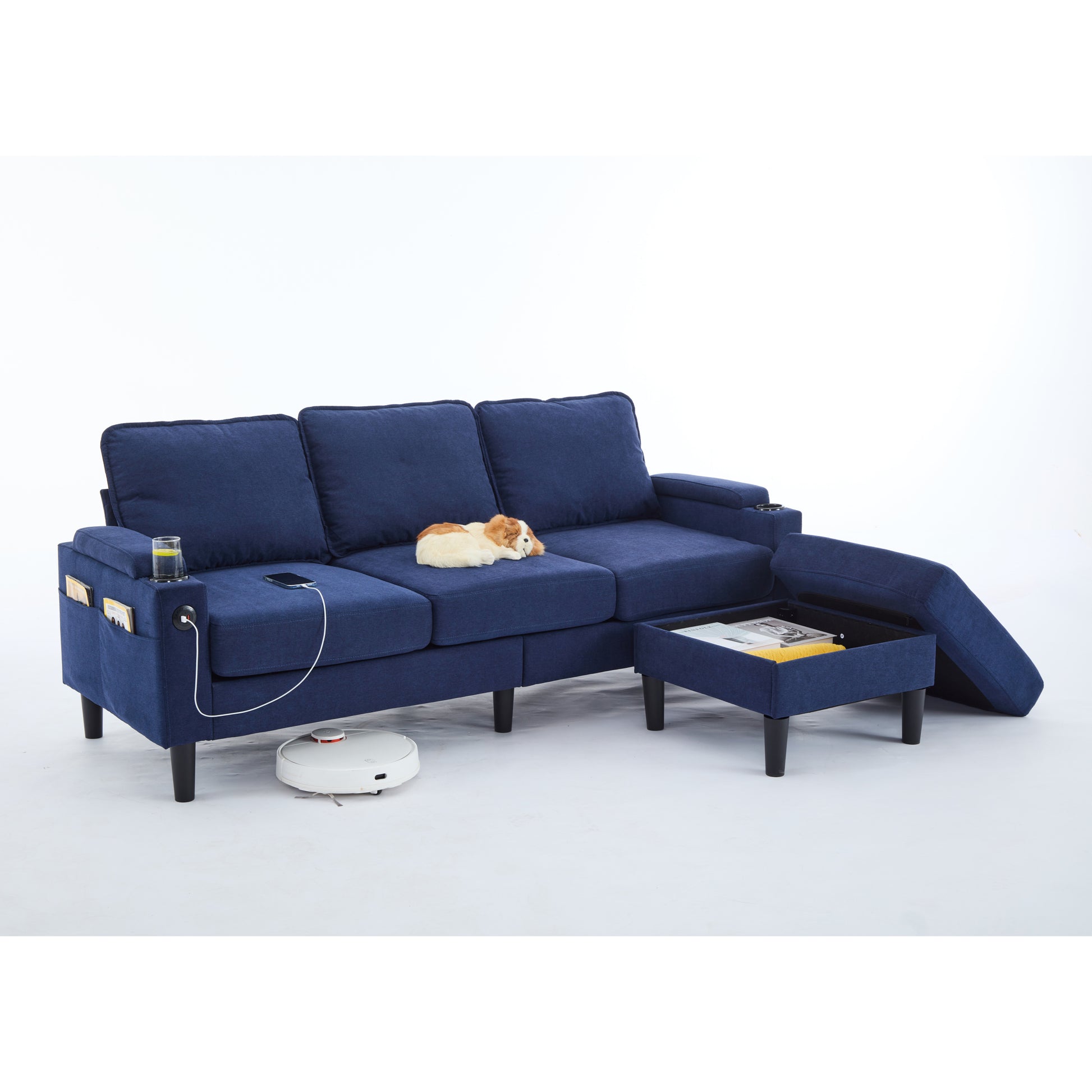 Blue Color Knock Down 3 Seat Combo Sofa With Storage Ottoman For Living Room Apartment Bedroom And Compact Room,Room, Upholstered Sectional Couch, L Shaped Bench With A Footrest, A Individual Stool White Wood Primary Living Space Heavy Duty Pine 3 Seat