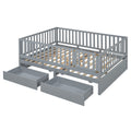 Full Size Wood Daybed With Fence Guardrails And 2 Drawers, Split Into Independent Floor Bed & Daybed, Gray Old Sku :Lp000882Aae Full Gray Solid Wood Mdf
