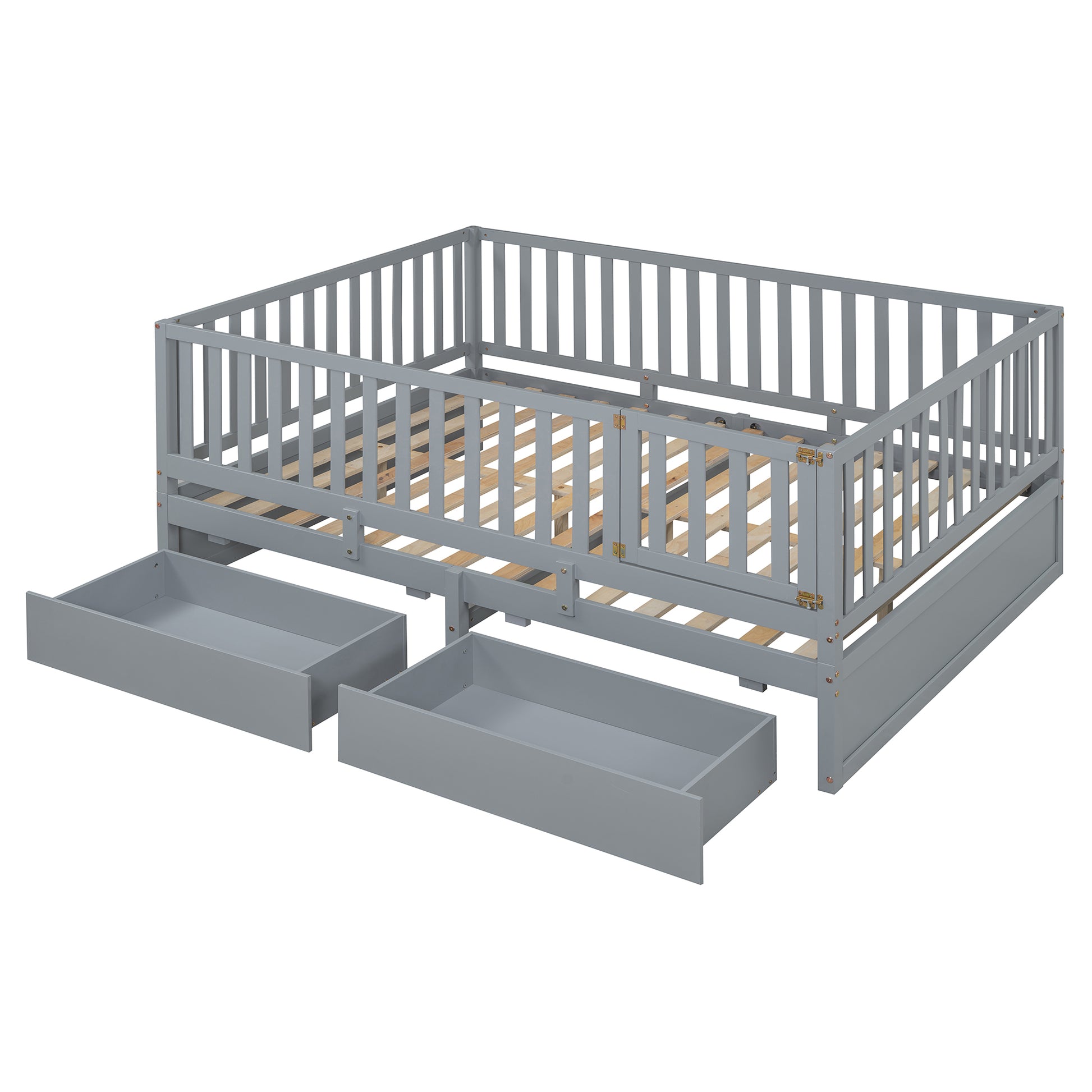 Full Size Wood Daybed With Fence Guardrails And 2 Drawers, Split Into Independent Floor Bed & Daybed, Gray Old Sku :Lp000882Aae Full Gray Solid Wood Mdf