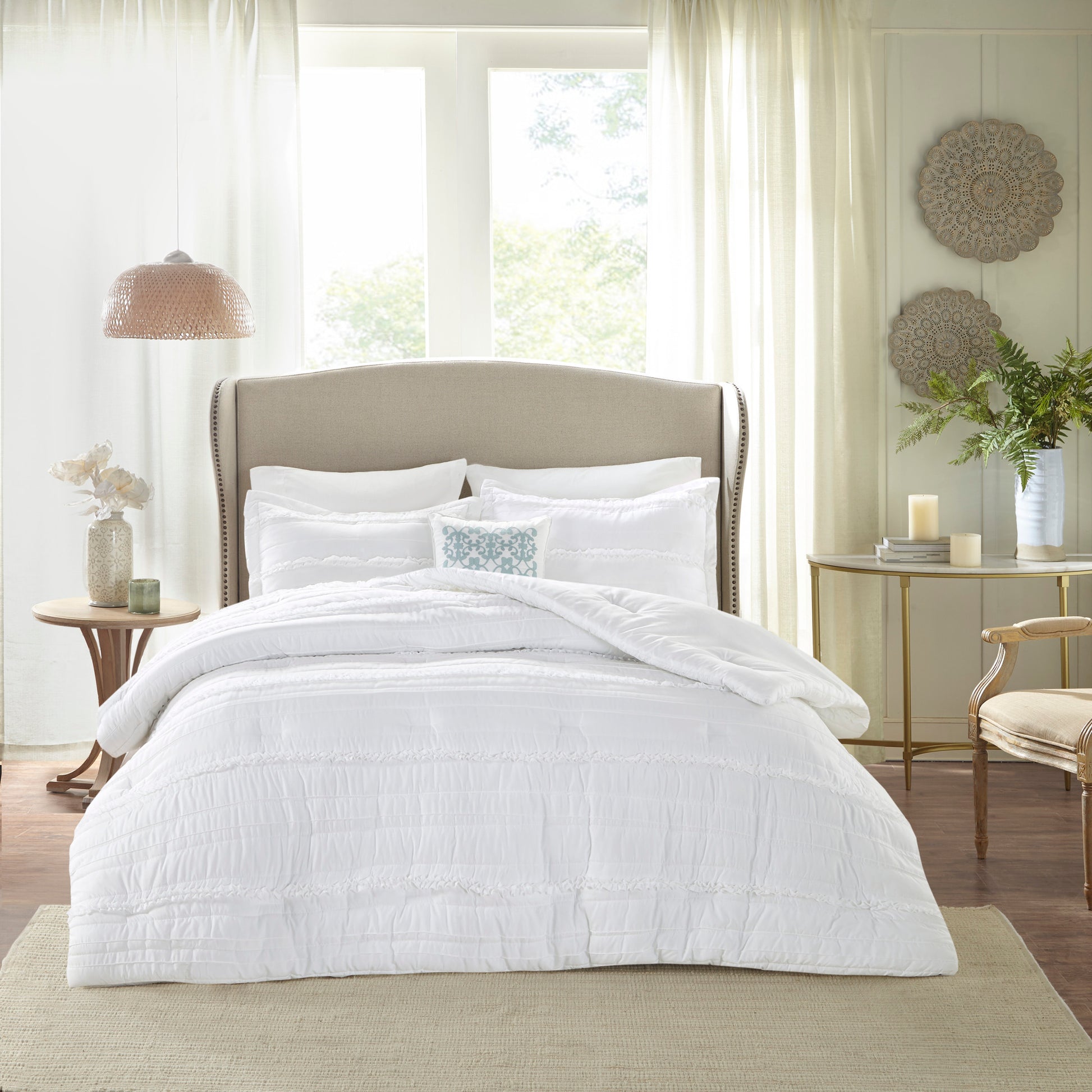 5 Piece Microfiber Ruffled Comforter Set White Cal King California King White Polyester