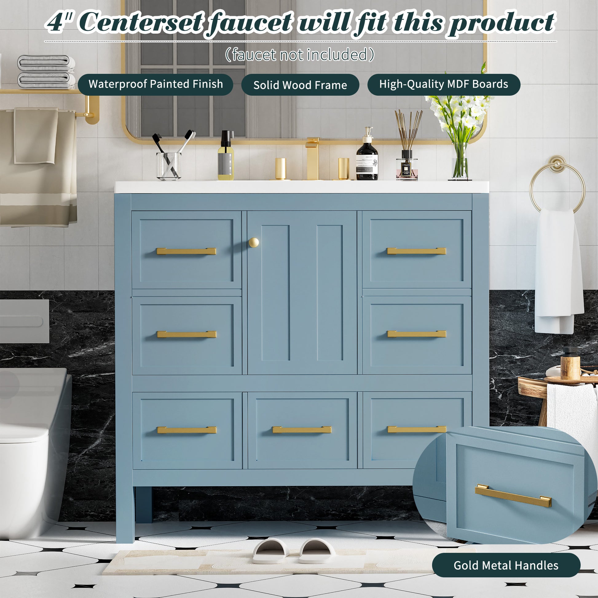 36'' Bathroom Vanity With Resin Sink Combo, Solid Wood Frame Bathroom Storage Cabinet, Freestanding Vanity Set With 5 Drawers& Soft Closing Doors Same As N710S136002M Blue Bathroom Solid Wood Mdf Resin