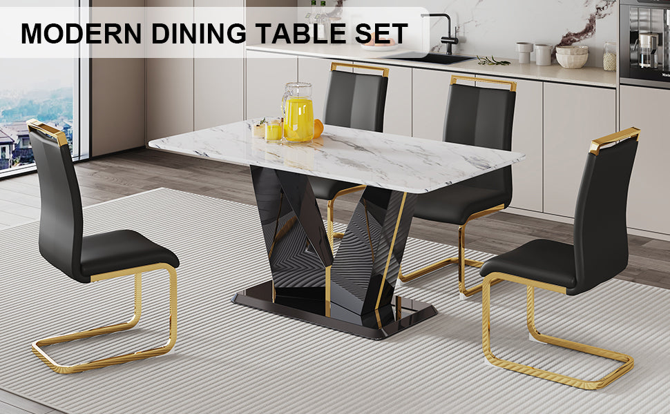 Table And Chair Set, White Imitation Marble Texture Glass Tabletop, Black Mdf Table Legs, Stable And Beautiful. Modern Simple Dining Table, Comfortable Seating. White Black Seats 4 Mdf Glass
