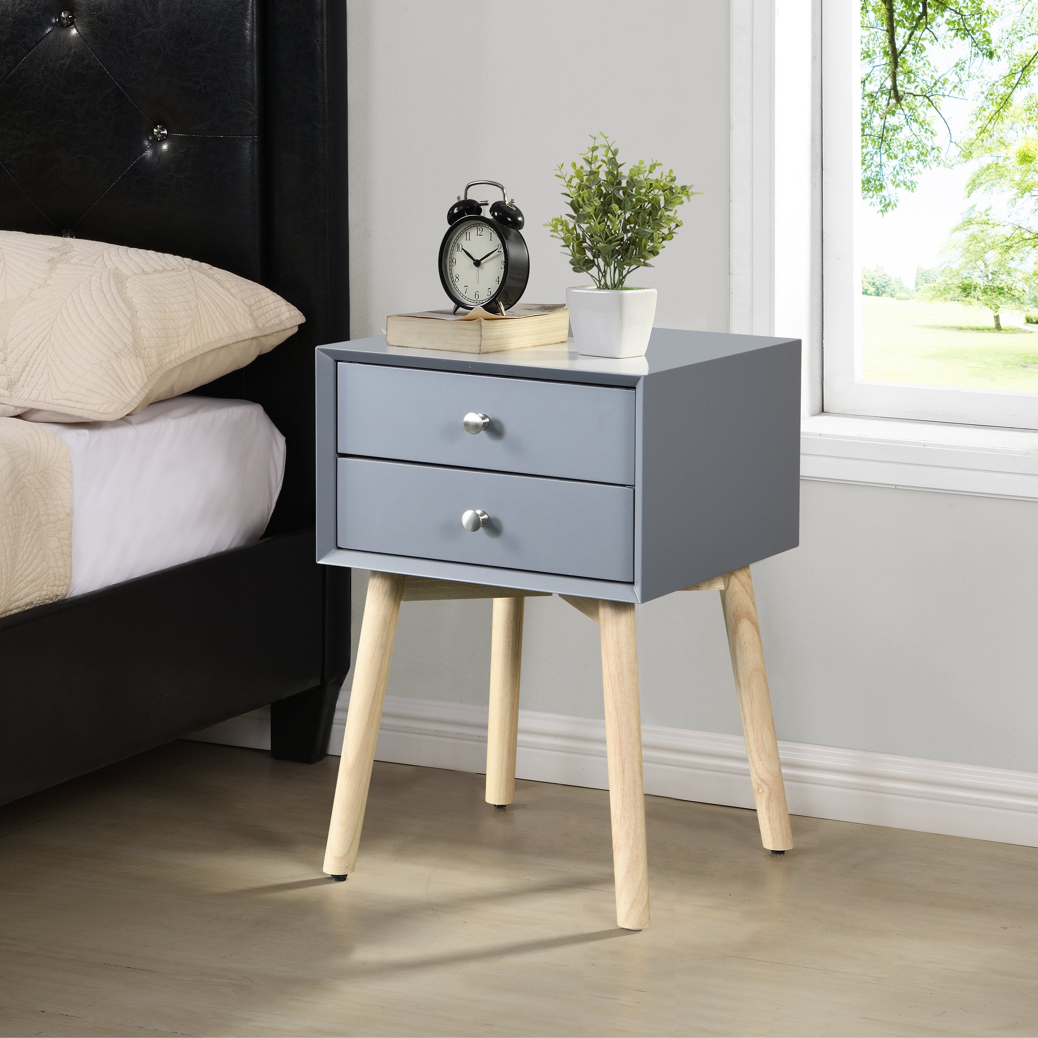 Side Table,Bedside Table With 2 Drawers And Rubber Wood Legs, Mid Century Modern Storage Cabinet For Bedroom Living Room, Gray Gray Mdf