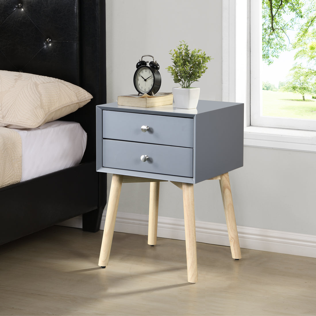 Side Table,Bedside Table With 2 Drawers And Rubber Wood Legs, Mid Century Modern Storage Cabinet For Bedroom Living Room, Gray Gray Mdf