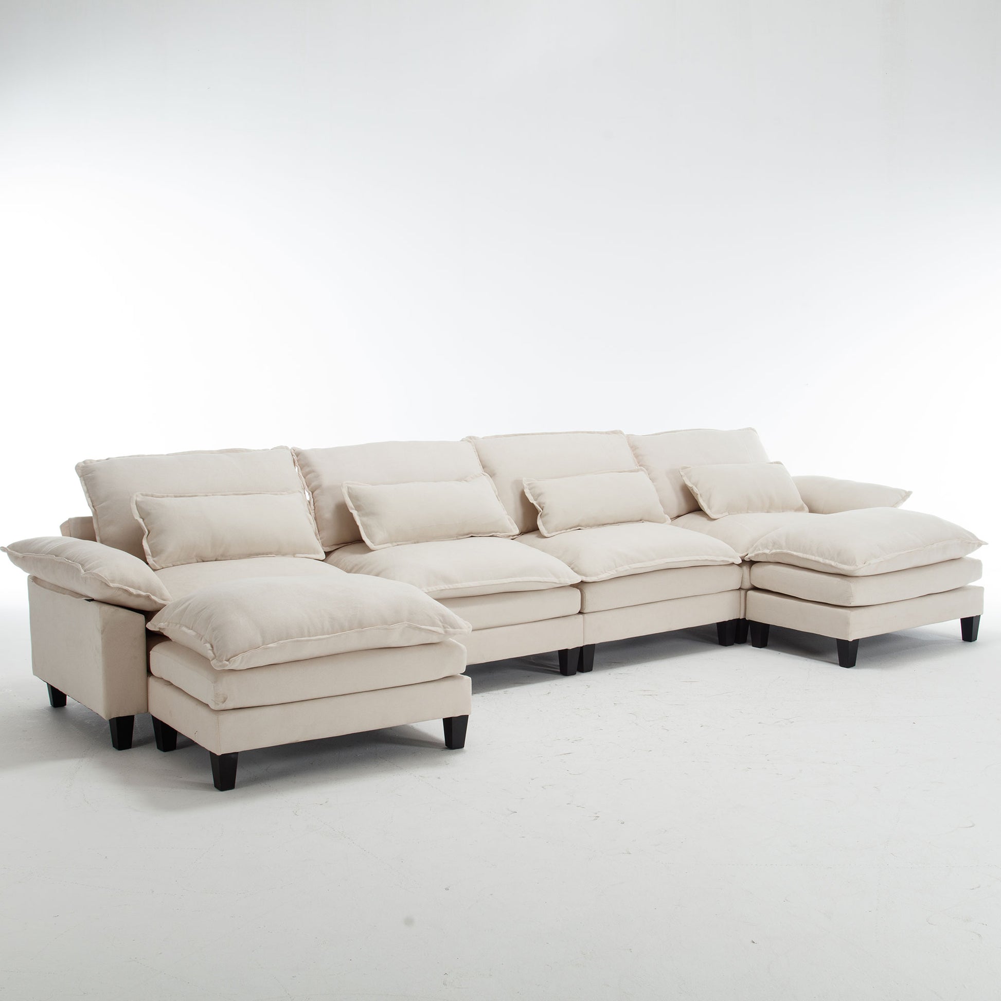 154.8" Oversized Modular Sofaice Velvet Large U Shaped Couch Comfy Upholstered 4 Seat Sofa With 2 Ottoman, 4 Lumbar Pillow, Deep Seat Couch For Living Room Beige Wood Primary Living Space Modern Foam Polyester 6 Seat