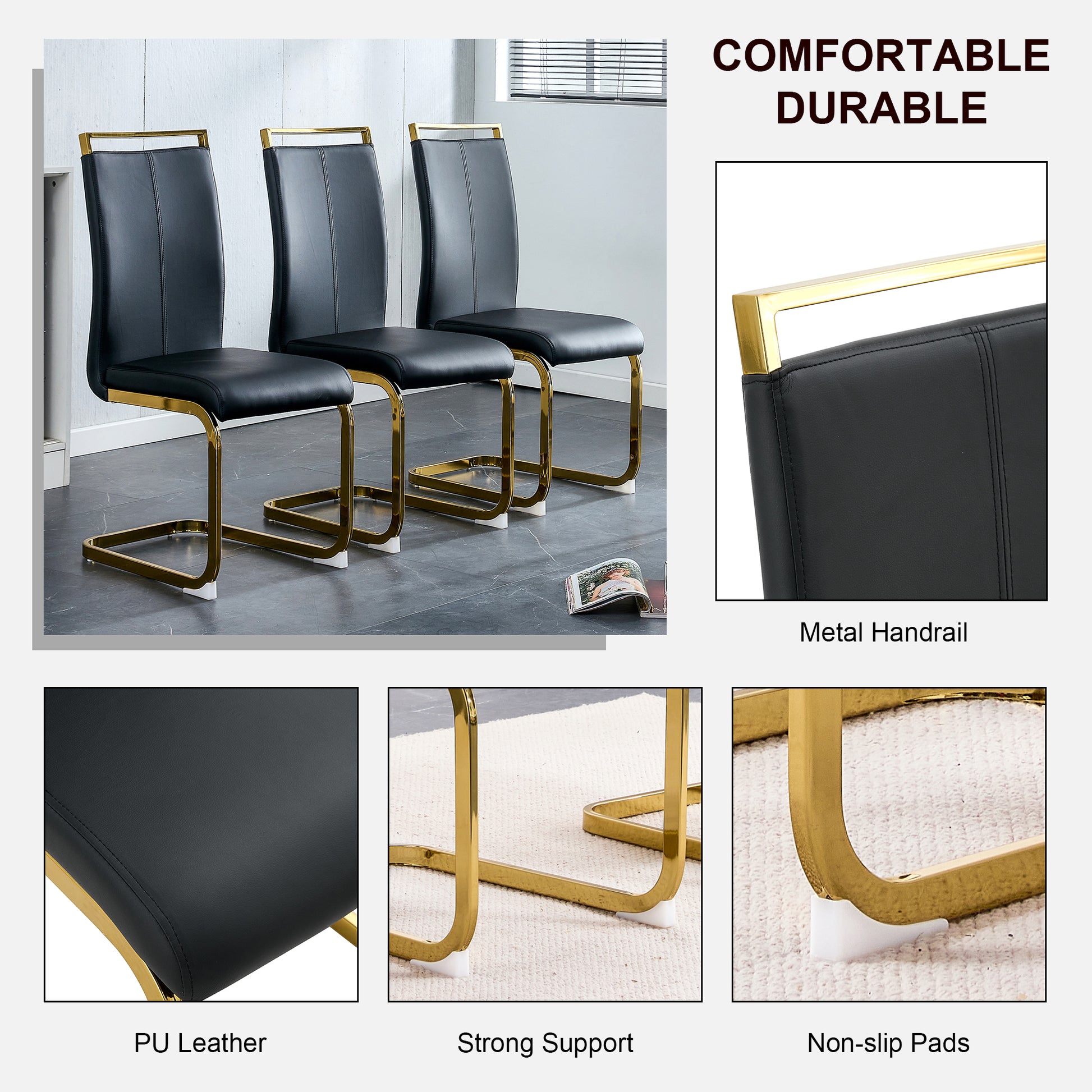 Table And Chair Set. Modern Dining Table With Mdf Top And Beautiful Mdf Legs. Equipped With Comfortable Pu Chairs And Metal Legs. Suitable For A Wide Range Of Decorative Styles. Black Seats 8 Mdf