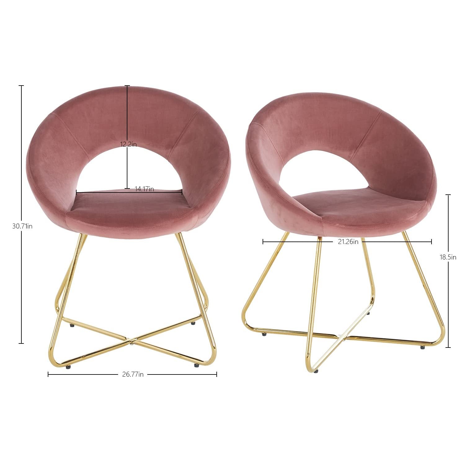 Modern Accent Velvet Chairs Set Of 2 Dining Chairs Single Sofa Comfy Upholstered Arm Chair Living Room Furniture Mid Century Leisure Lounge Chairs With Golden Metal Frame Legs Pink Velvet
