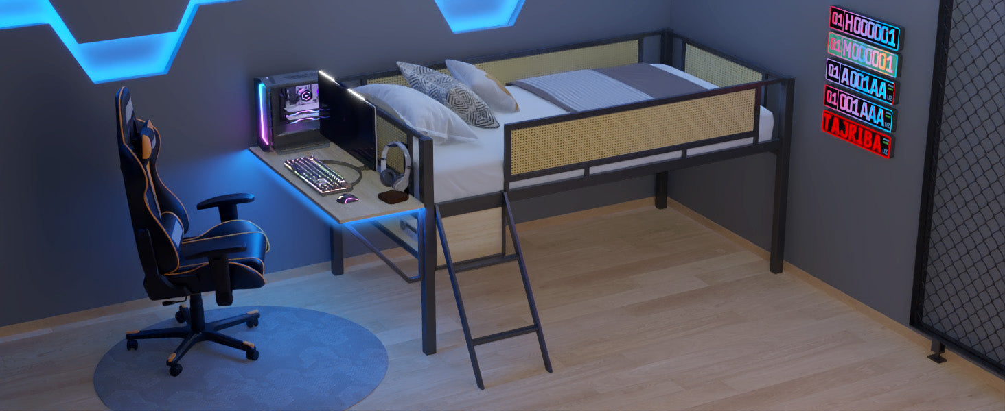 Single Metal Loft Bed With Rectangular Desk, Led Lights, Led Loft Bed Frame Double Bed With Storage Shelves And Hanging Storage Compartments, Safety Guard And Ladder, No Box Springs Required, Rattan G Twin Black Natural Mdf Iron