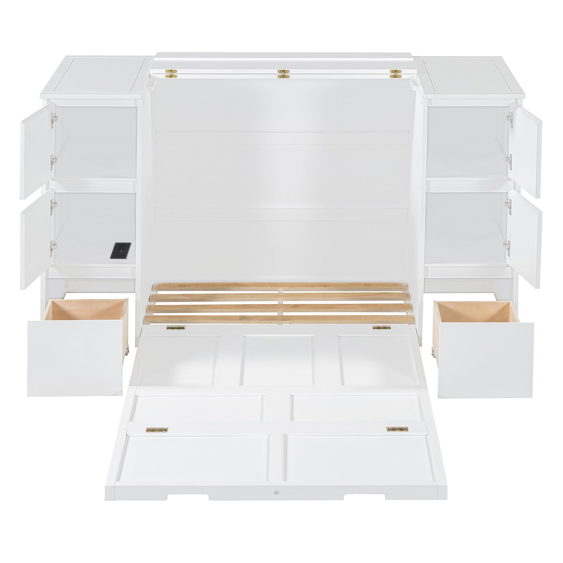 Twin Size Murphy Bed With Drawers, Cabinets And Usb Ports,White Twin White Mdf Lvl