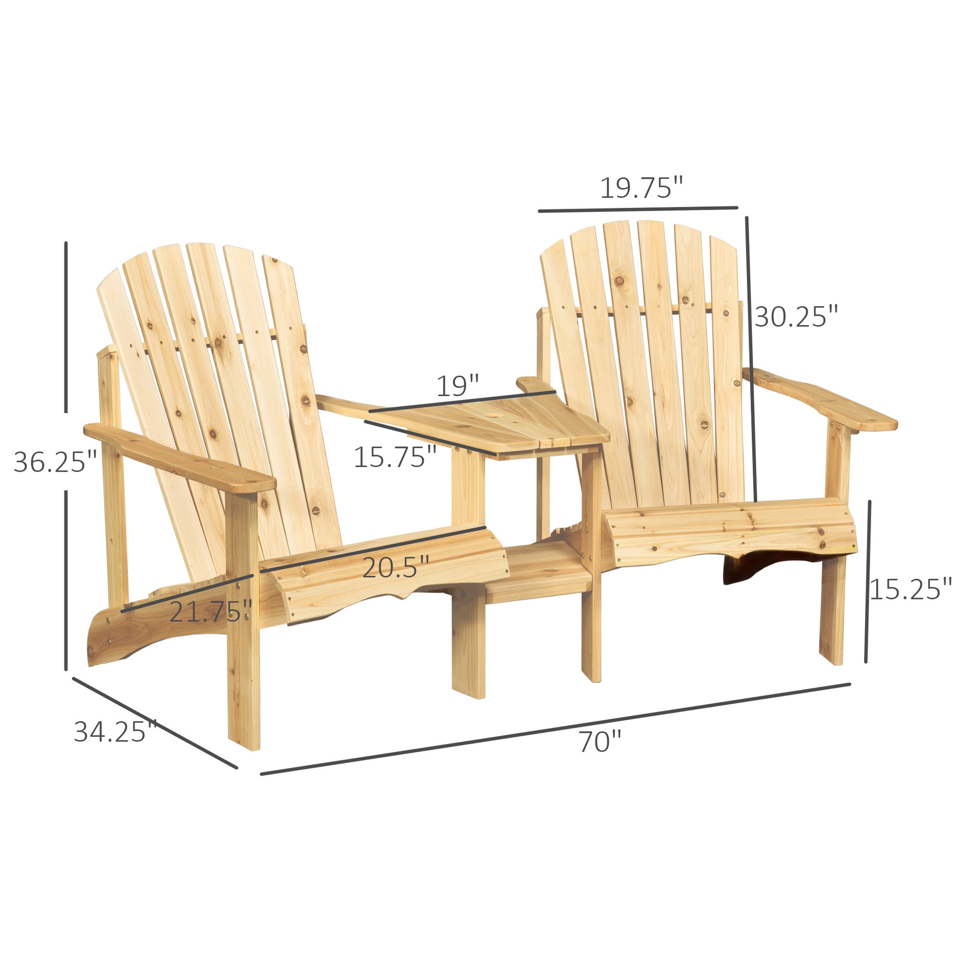 Outsunny Wooden Adirondack Chair For Two, Outdoor Fire Pit Chair Set With Table & Umbrella Hole, Patio Chairs For Deck Lawn Pool Backyard, Natural Natural Wood