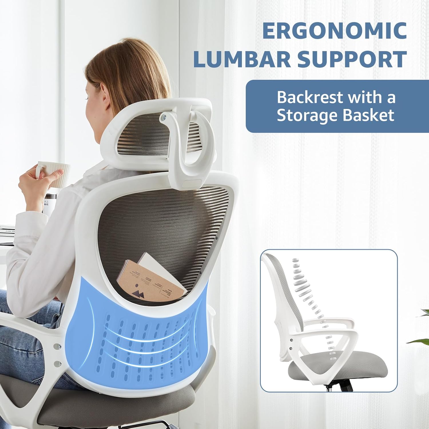 High Back Mesh Rolling Work Task Chairs With Wheels And Adjustable Headrests, Comfy Lumbar Support, Armrest For Bedroom, Gaming, Grey Grey Metal