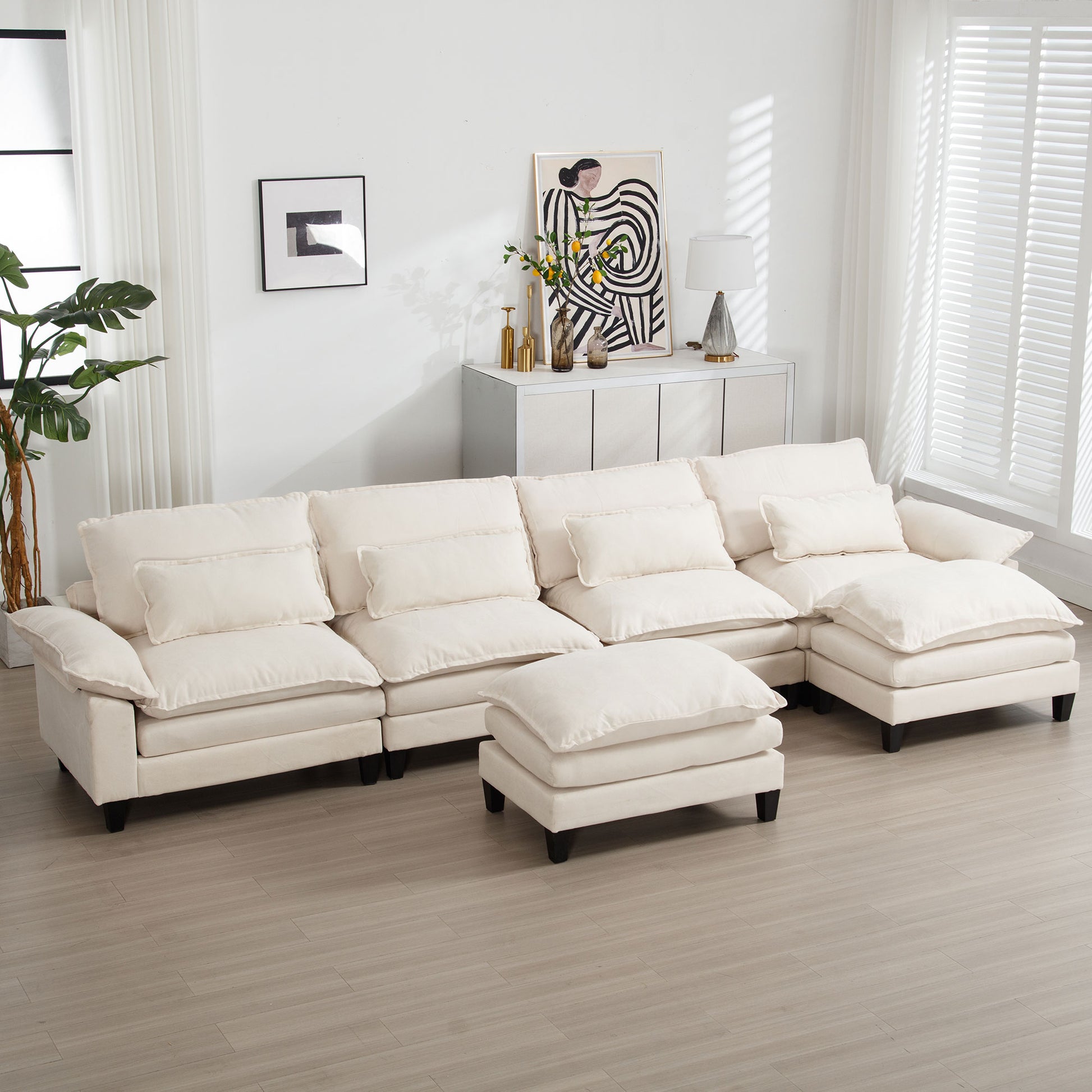 154.8" Oversized Modular Sofaice Velvet Large U Shaped Couch Comfy Upholstered 4 Seat Sofa With 2 Ottoman, 4 Lumbar Pillow, Deep Seat Couch For Living Room Beige Wood Primary Living Space Modern Foam Polyester 6 Seat