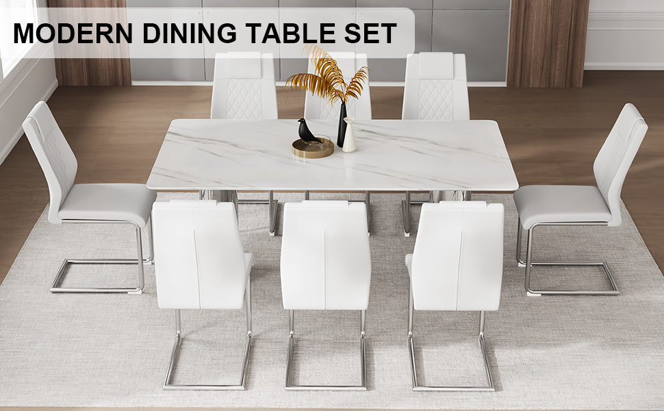 Table And Chair Set, Modern And Minimalist Dining Table. Imitation Marble Glass Sticker Desktop, Stainless Steel Legs, Stable And Beautiful. Comfortable Pu Seats. Dt 69 White Silver Glass