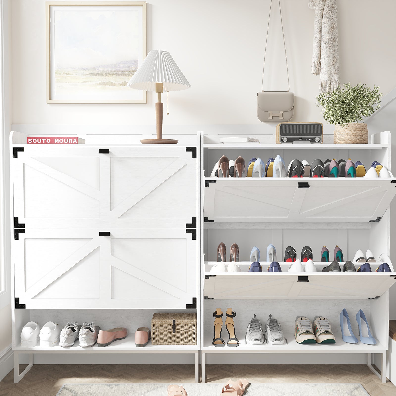 Shoe Cabinet With 2 Flip Drawers,Shoe Storage Cabinet For Entryway,Freestanding Shoe Cabinet Organizer With Open Storage,Narrow Farmhouse Shoe Rack With Metal Corner Decoration Legs,White White Bedroom Farmhouse Mdf