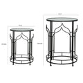 23 Inch Modern Side Table, Glass Top, Geometric Design, Set Of 2, Black Black Glass Metal